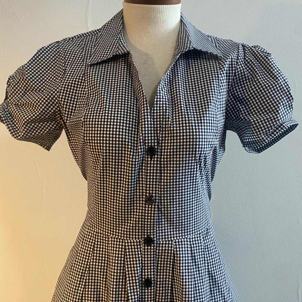 Donna Karan Gingham Midi Dress Puff Sleeve Tie Waist Black and White Size 6 - Picture 4 of 11